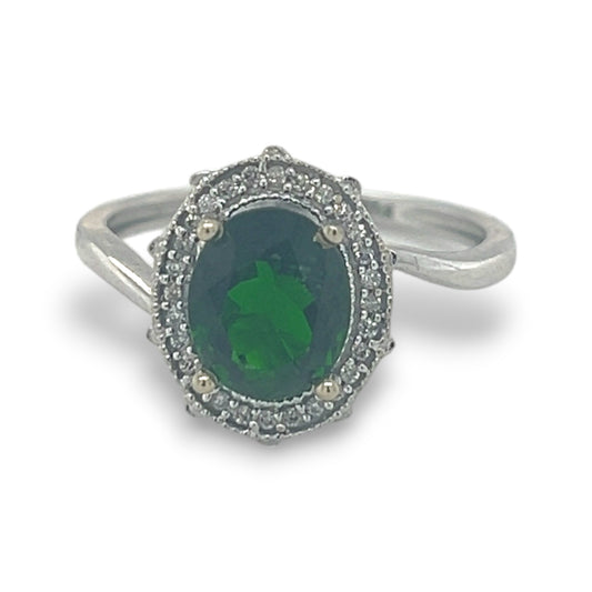 Tsavorite Ring with Halo and Asymmetric Band